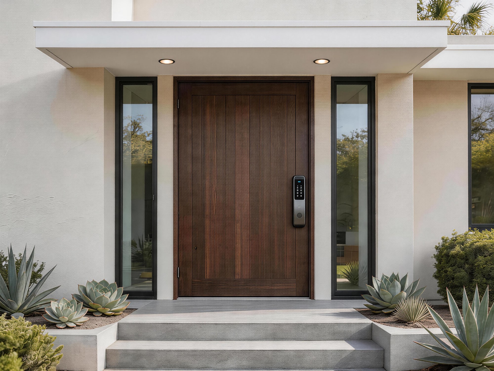 Warm wood front door of a contemporary American home with a Niofy smart lock installed, flanked by glass sidelights and agave plants in clear daylight