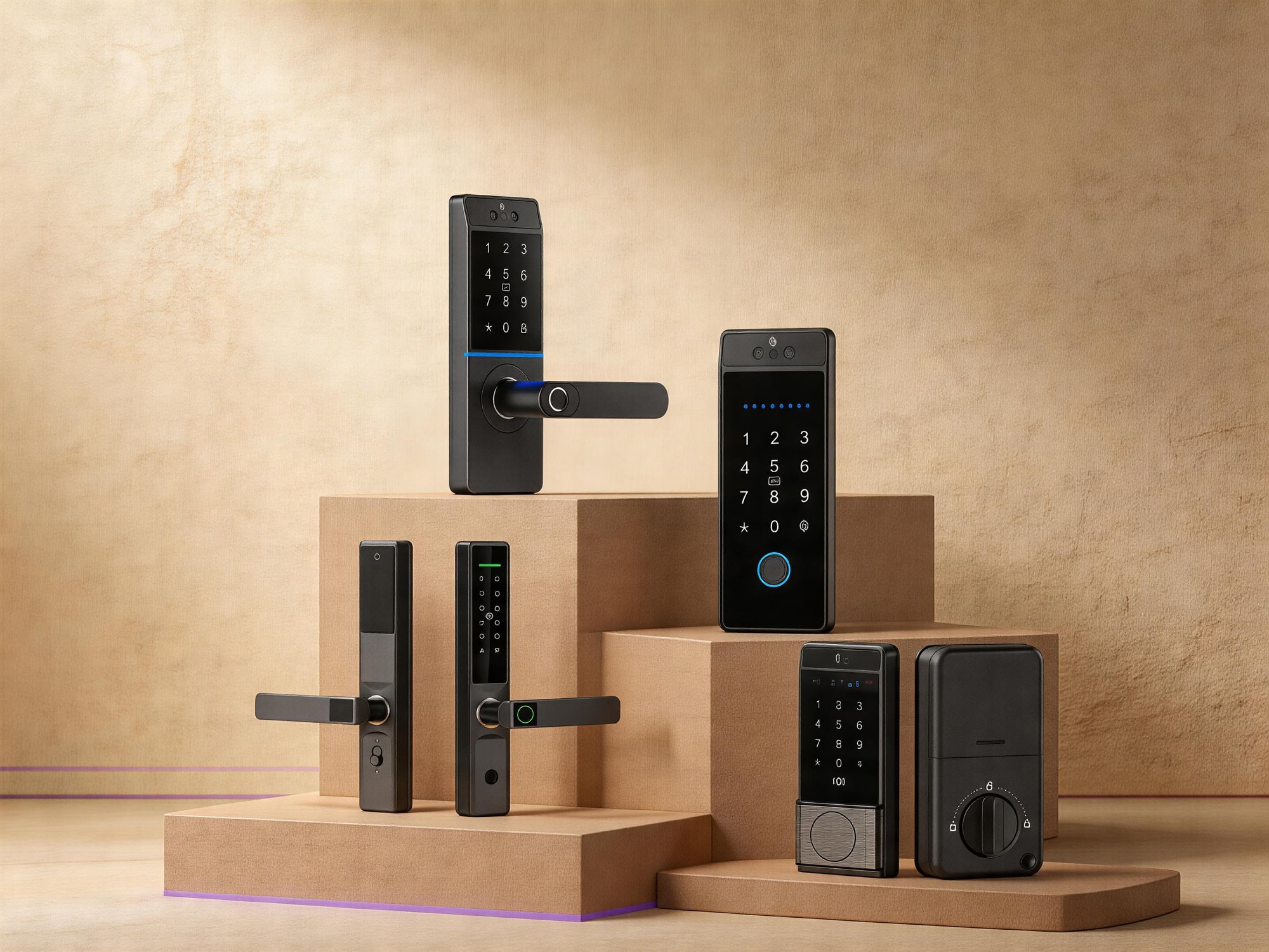 Four Niofy smart locks displayed on warm gray stone pedestals at varying heights, editorial museum-style arrangement